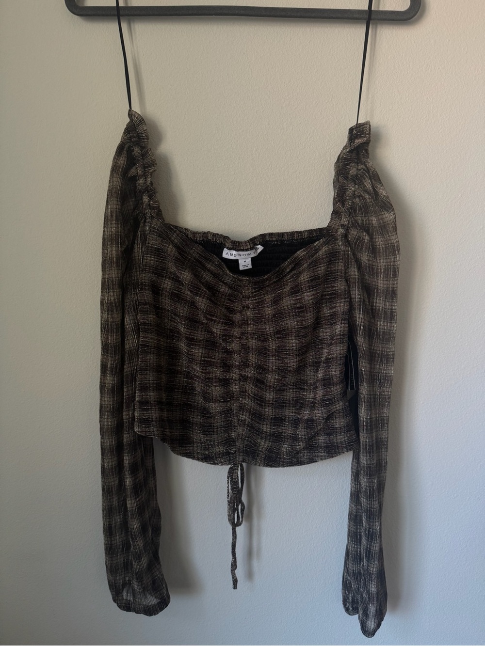 And Now This Metallic Plaid Off Shoulder Crop Top Womens Medium Long Sleeve NWT